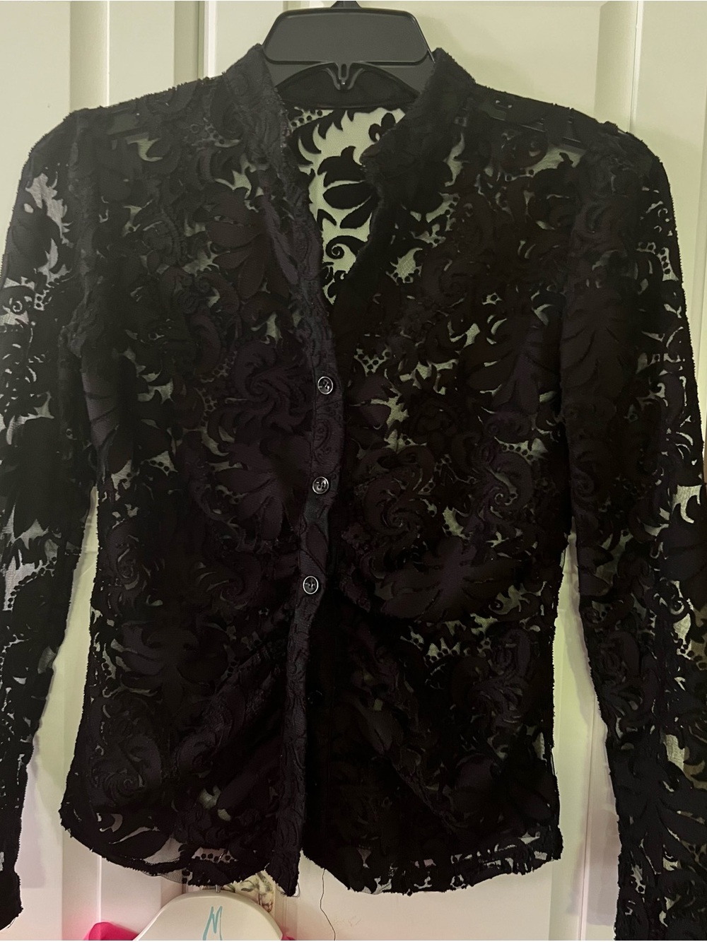 $10Gift💕Sexy Velvet Mesh Floral 3D velvet Cutout Lace rouch Button-Up Blouse